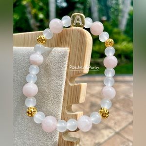 Beaded bracelet Letter A 18kt Gold Rose quartz & white agate 6- 8mm 7.5 inch BOX